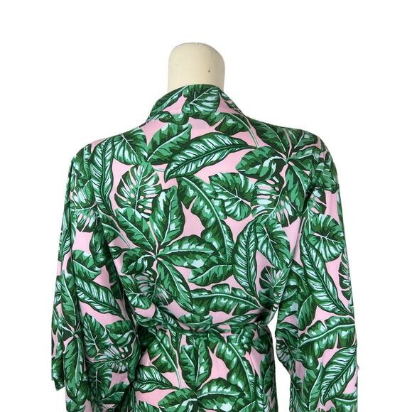 Kenny Flowers Beverly Hills Kimono Coverup Size S Leaf Print Green Pink Tie Swim - Picture 8 of 12